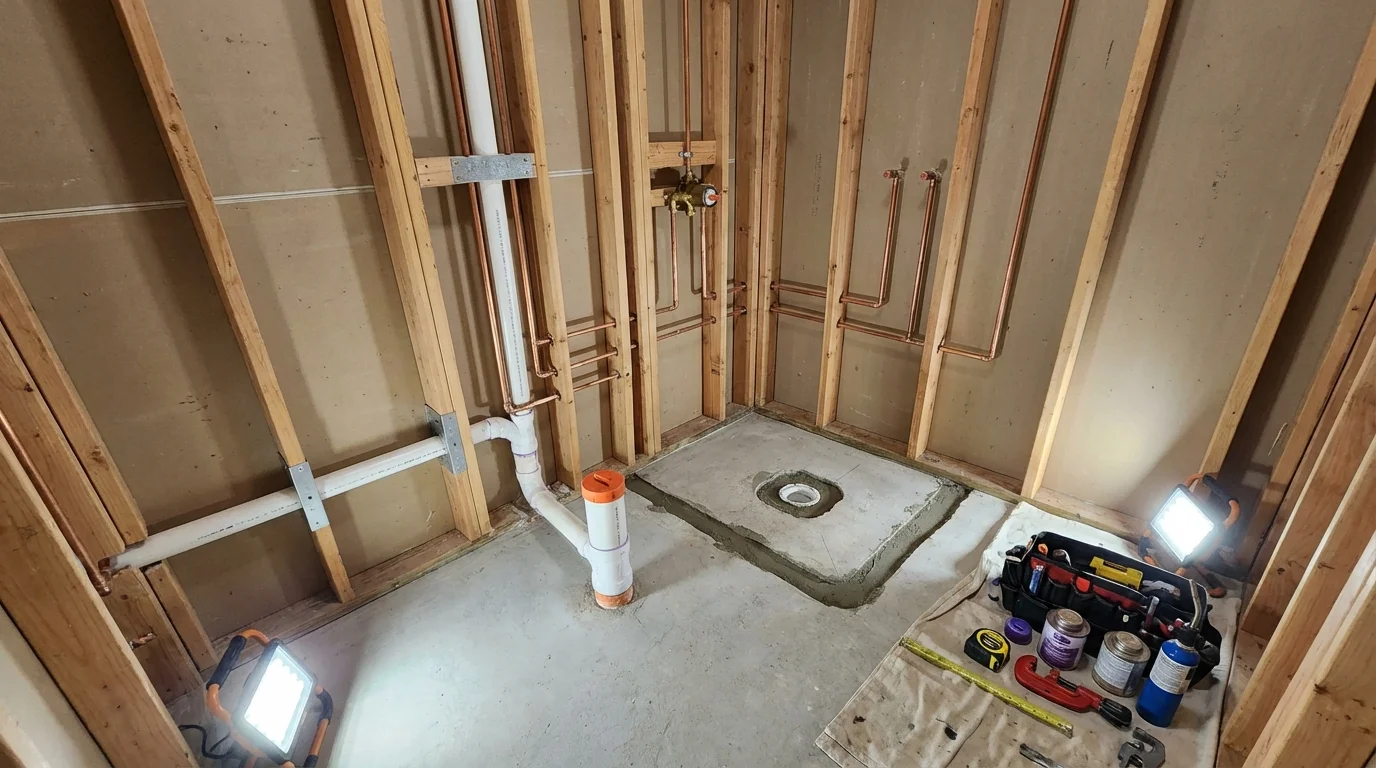 Bathroom rough-in plumbing during remodel by Johns Plumbing LLC in Hazard