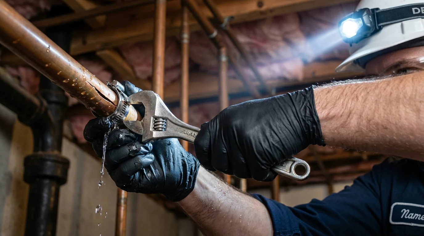Emergency pipe clamp repair being performed by a Johns Plumbing LLC plumber in Hazard