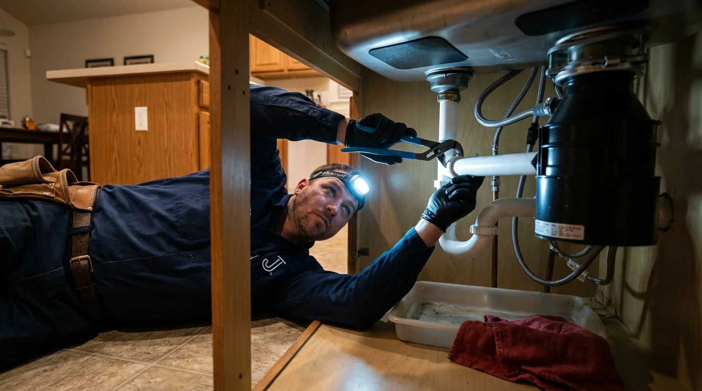 P-trap and supply line connections under a kitchen sink showing a common leak point in Hazard, KY